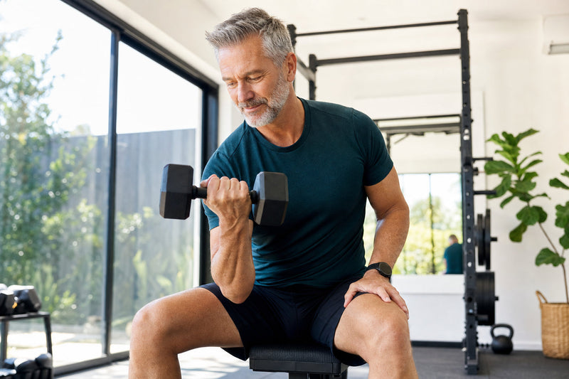 Man in his 50s strength training at home